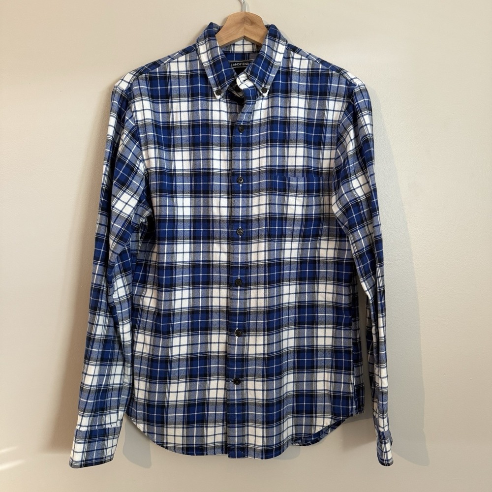 Lands End Shirt Mens Small BluePlaid Flannel Long‎ Sleeve Button Down Cotton